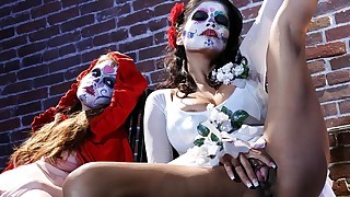 Sexy, busty beauties in mexican make-up touch themselves!